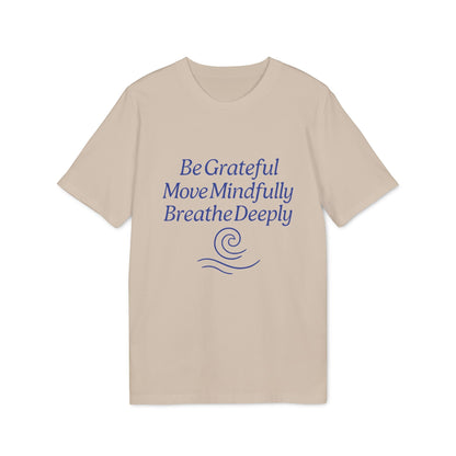 Yoga 100% Organic Cotton T-Shirt beige tee with blue BeGrateful MoveMindfully BreatheDeeply text graphic