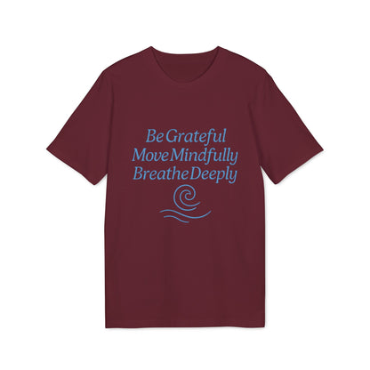 Alt Tag: Yoga 100% Organic Cotton T-Shirt burgundy crew neck tee with "Be Grateful Move Mindfully Breathe Deeply" graphic