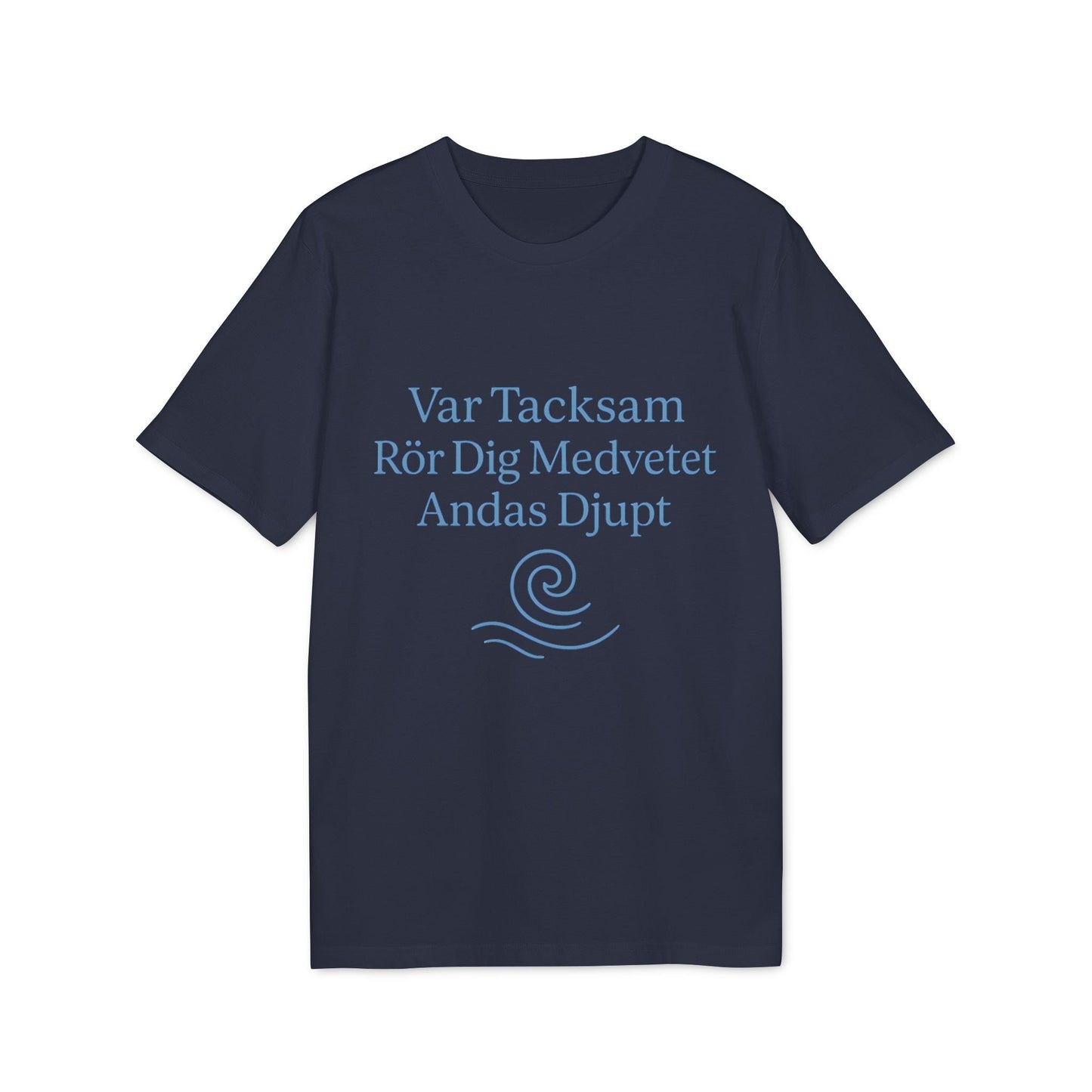 Yoga 100% Organic Cotton T-Shirt navy graphic tee with Swedish text print and wave icon, breathable organic cotton top