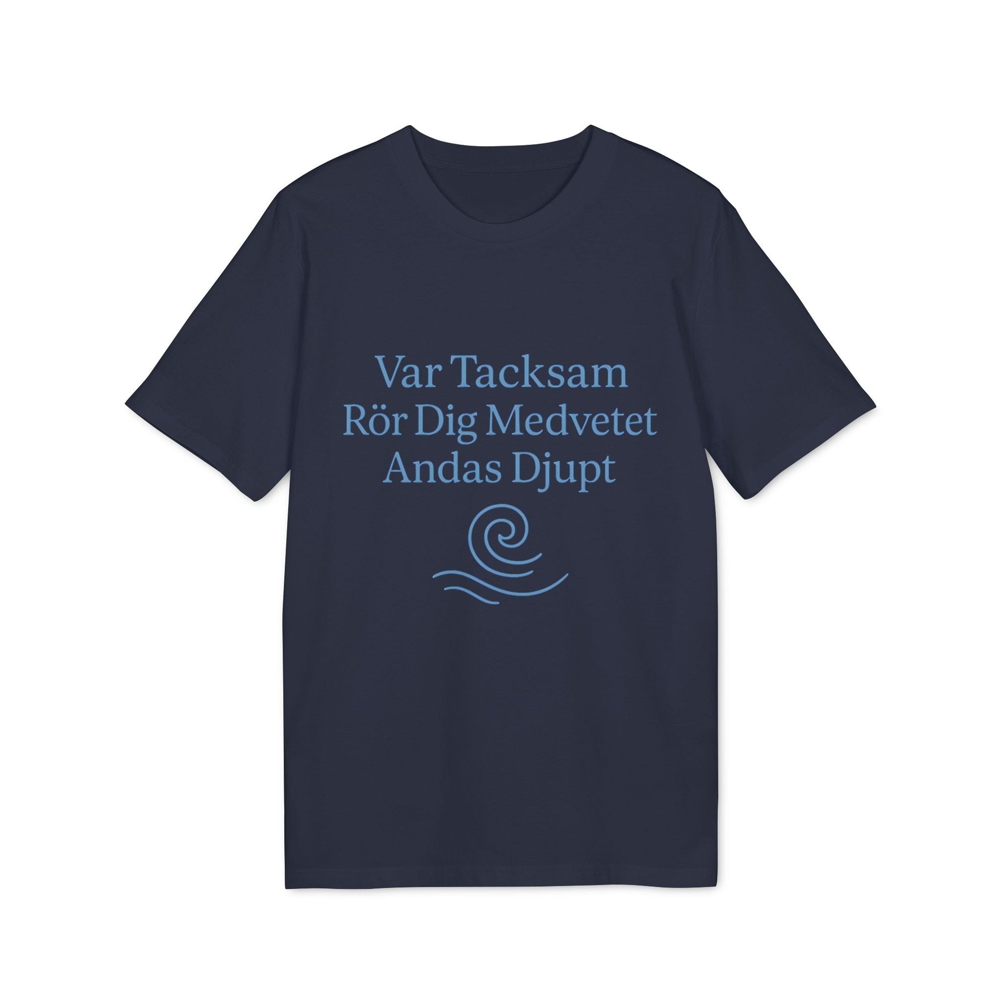 Yoga 100% Organic Cotton T-Shirt navy graphic tee with Swedish text print and wave icon, breathable organic cotton top
