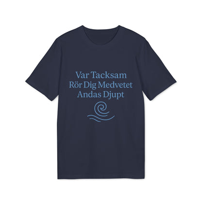 Yoga 100% Organic Cotton T-Shirt navy graphic tee with Swedish text print and wave icon, breathable organic cotton top