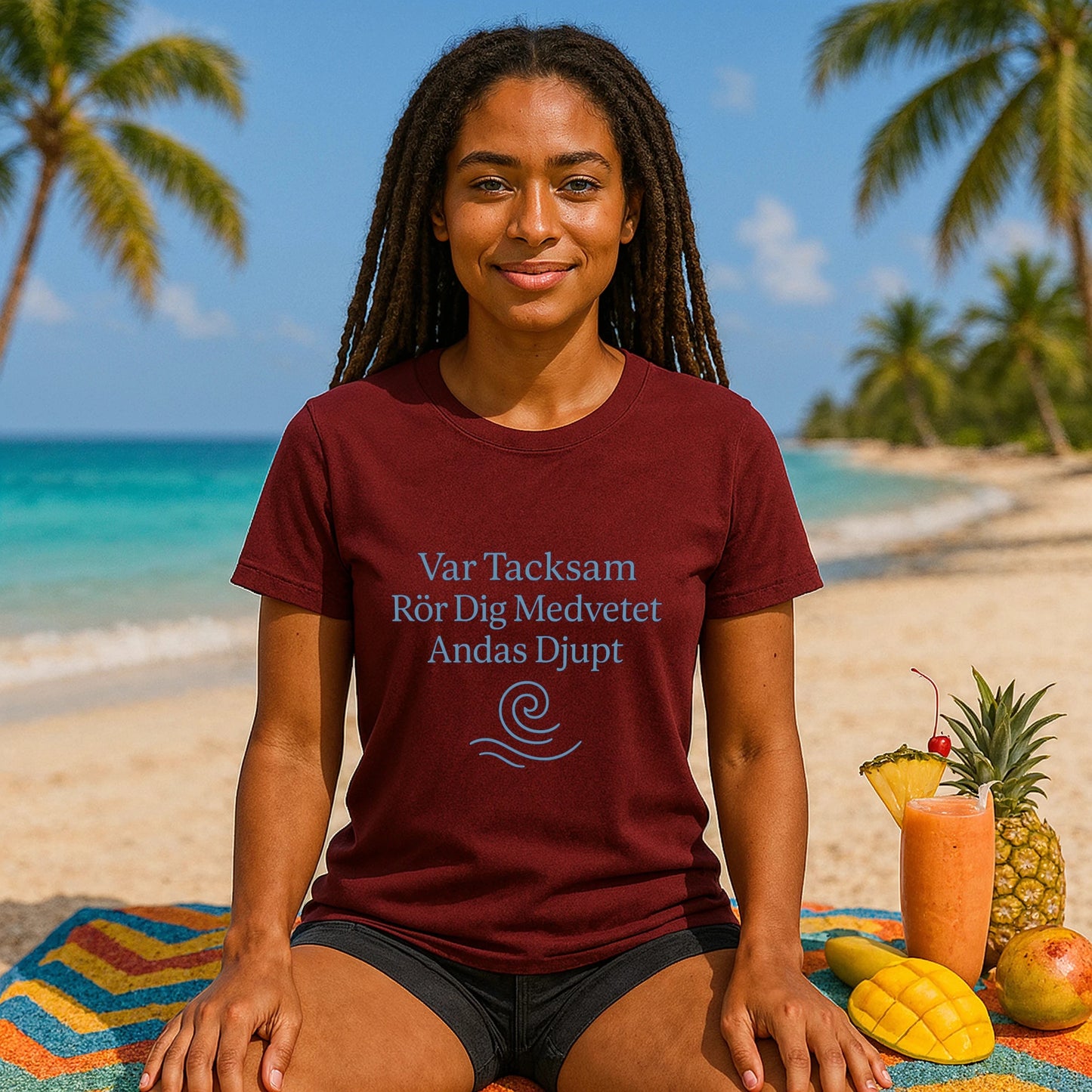 Alt Tag: Yoga 100% Organic Cotton T-Shirt worn by woman sitting on beach towel, front view, short-sleeve crewneck tee