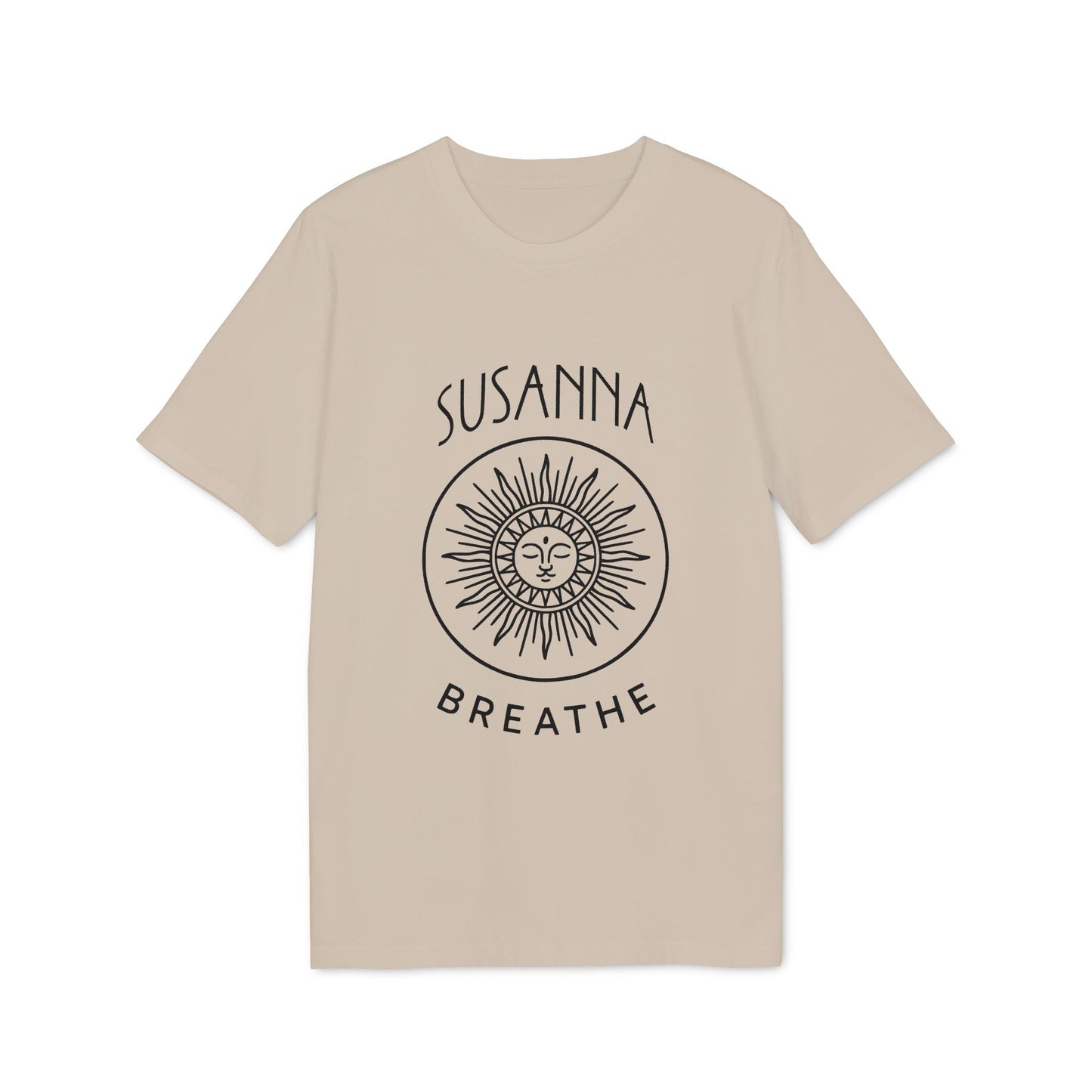 Alt Tag: Yoga Breathe Femenine Elegant Personalized Premium Unisex T-Shirt beige tee with sun face graphic and custom name “SUSANNA”