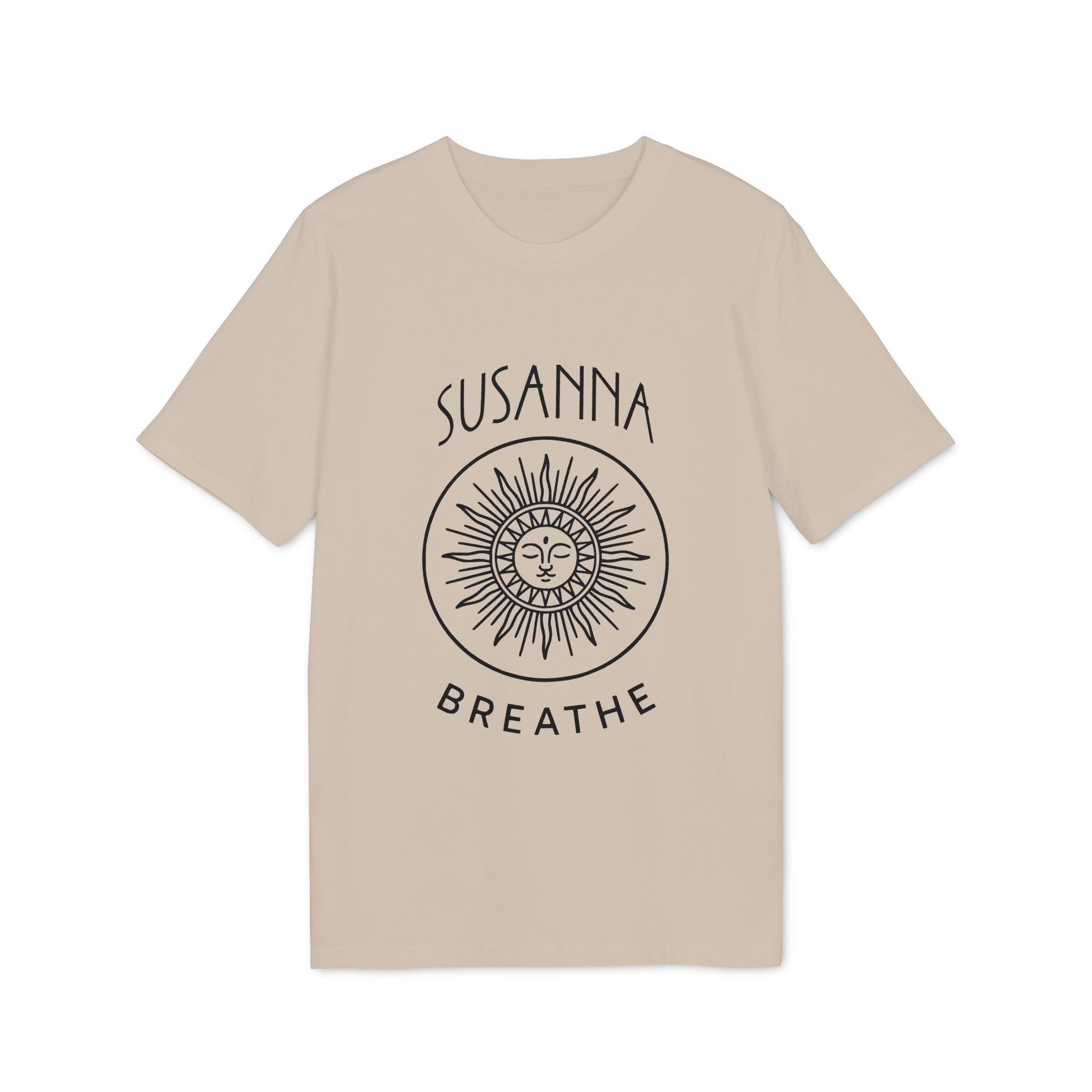 Alt Tag: Yoga Breathe Femenine Elegant Personalized Premium Unisex T-Shirt beige tee with sun face graphic and custom name “SUSANNA”