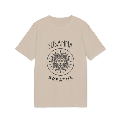 Alt Tag: Yoga Breathe Femenine Elegant Personalized Premium Unisex T-Shirt beige tee with sun face graphic and custom name “SUSANNA”