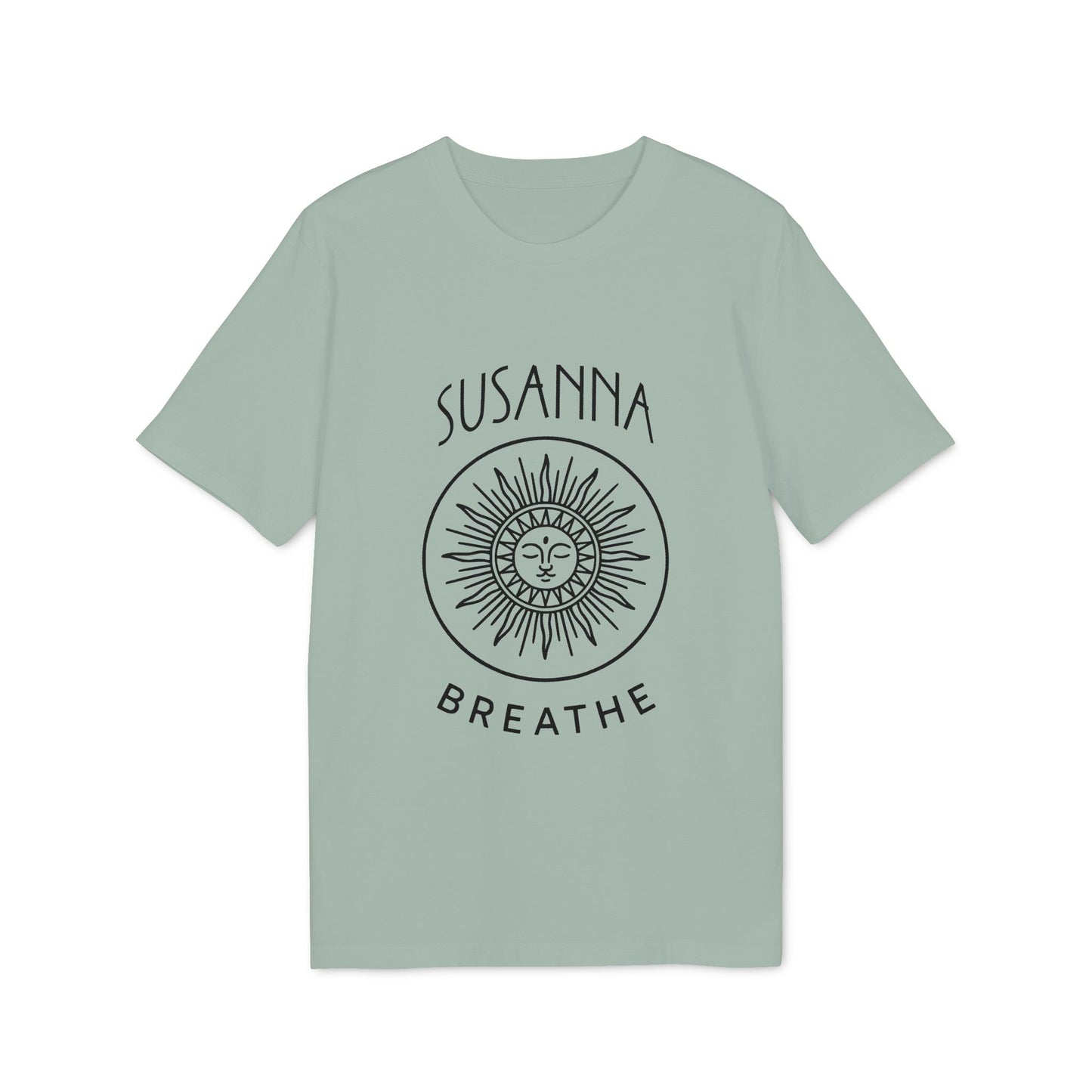 Yoga Breathe Femenine Elegant Personalized Premium Unisex T-Shirt in sage green with "SUSANNA" and "BREATHE" sun face graphic
