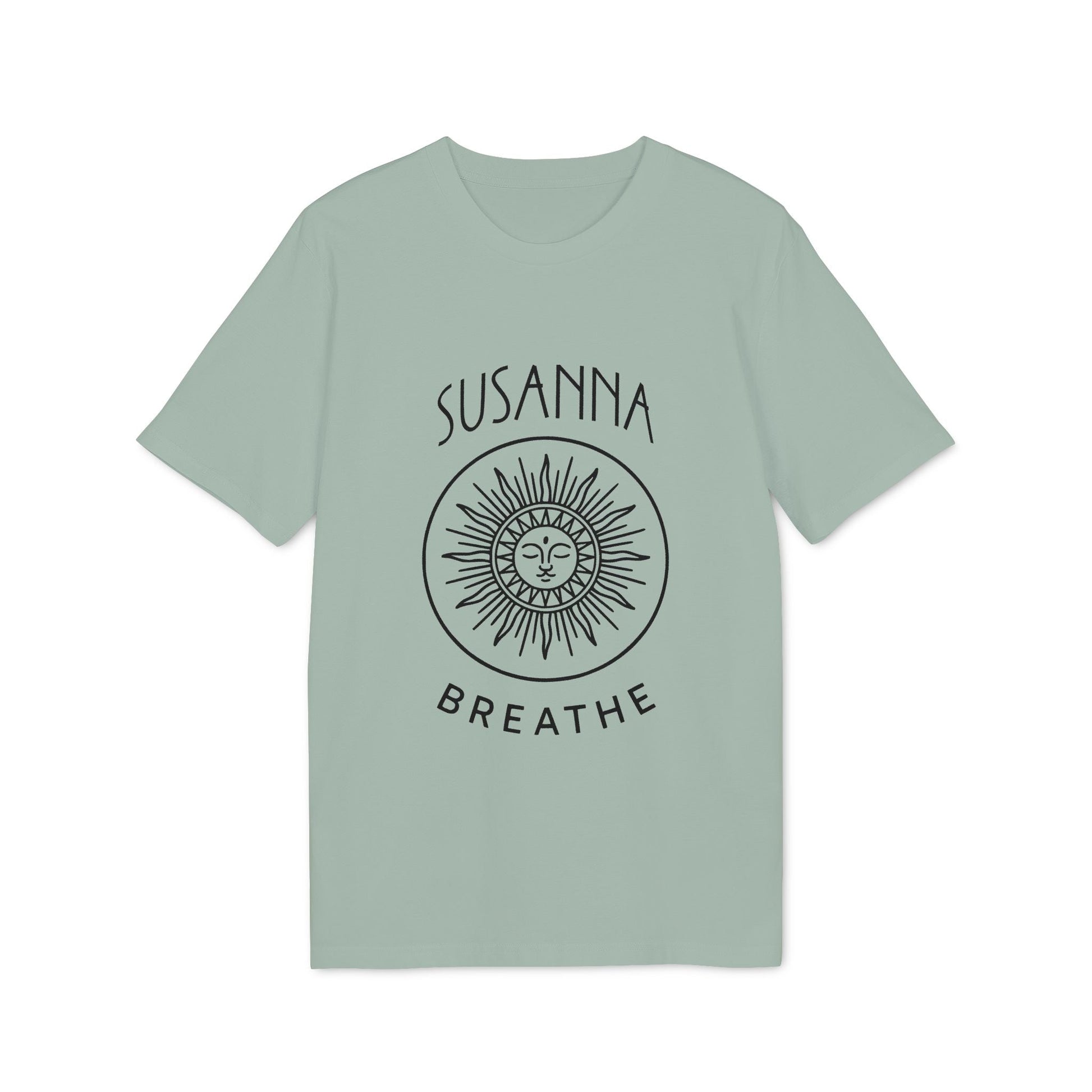 Yoga Breathe Femenine Elegant Personalized Premium Unisex T-Shirt in sage green with "SUSANNA" and "BREATHE" sun face graphic