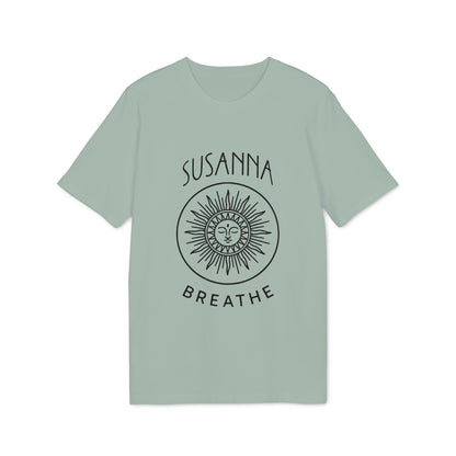 Yoga Breathe Femenine Elegant Personalized Premium Unisex T-Shirt in sage green with "SUSANNA" and "BREATHE" sun face graphic