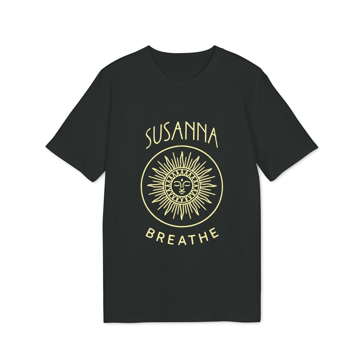 Yoga Breathe Femenine Elegant Personalized Premium Unisex T-Shirt black tee with Susanna Breathe sun face minimalist graphic