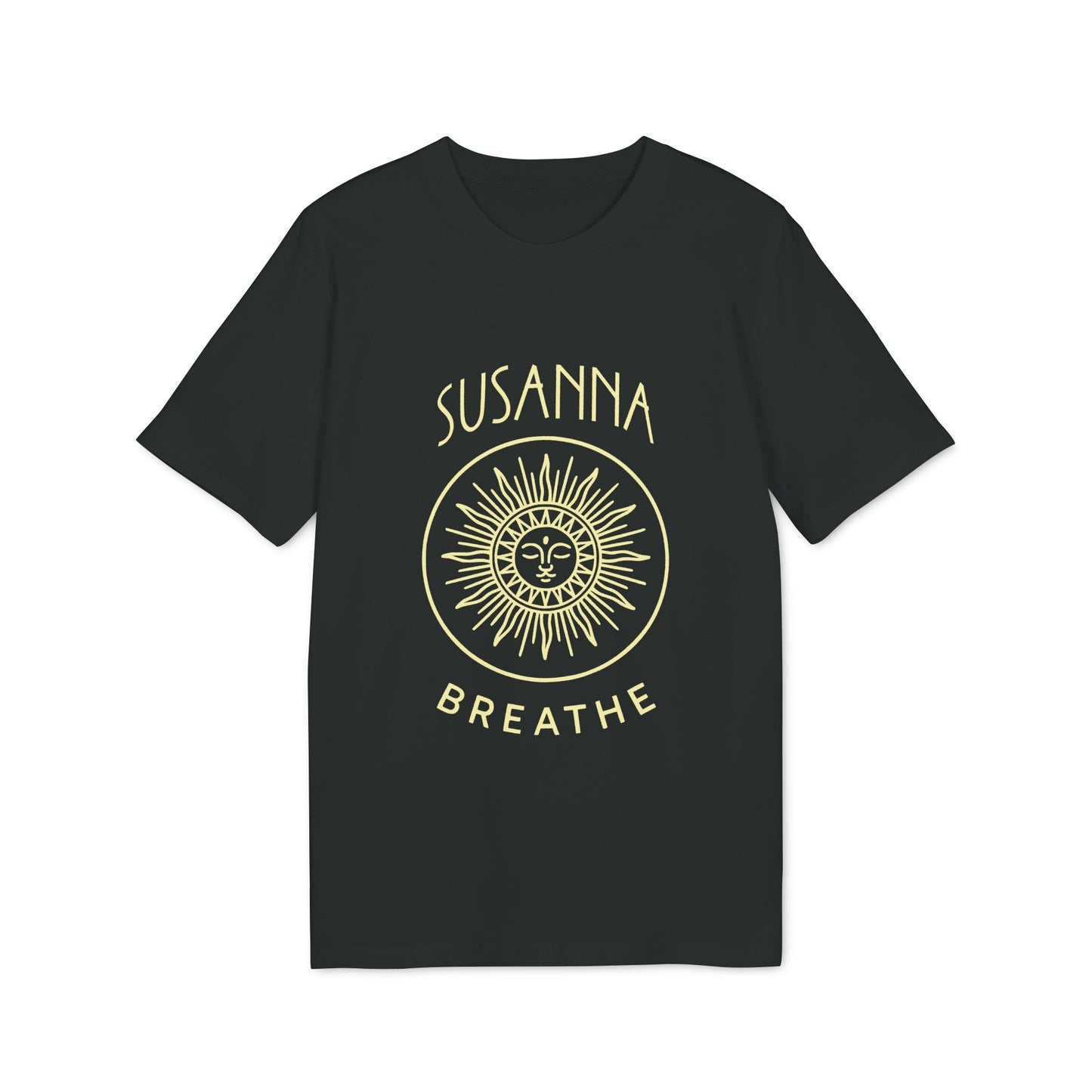 Yoga Breathe Femenine Elegant Personalized Premium Unisex T-Shirt black tee with Susanna Breathe sun face minimalist graphic