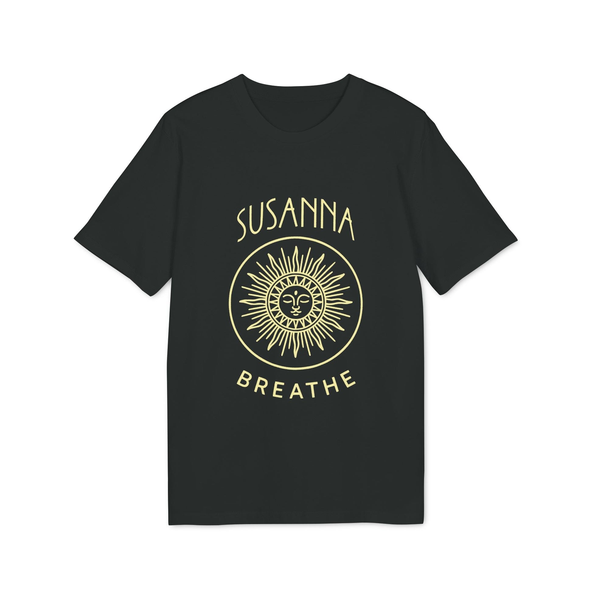Yoga Breathe Femenine Elegant Personalized Premium Unisex T-Shirt black tee with Susanna Breathe sun face minimalist graphic