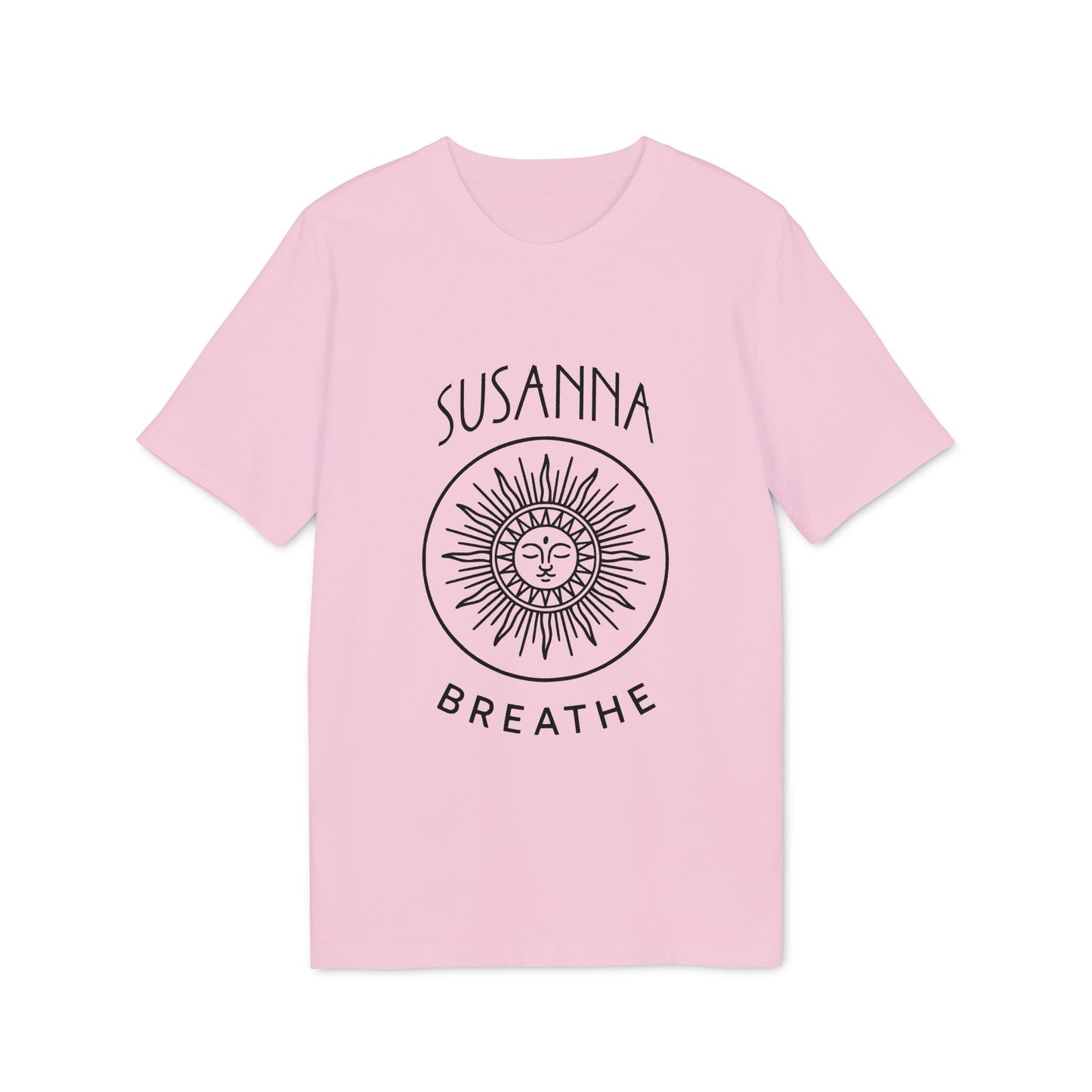 Alt Tag: Yoga Breathe Femenine Elegant Personalized Premium Unisex T-Shirt in pink with “SUSANNA” and sun face graphic, BREATHE text