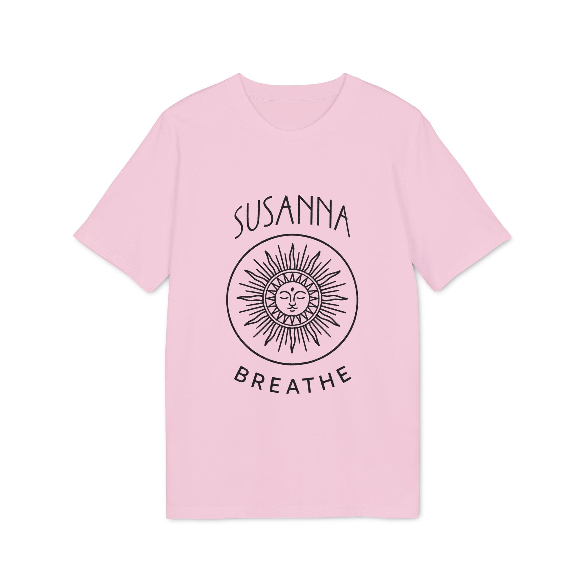 Alt Tag: Yoga Breathe Femenine Elegant Personalized Premium Unisex T-Shirt in pink with “SUSANNA” and sun face graphic, BREATHE text