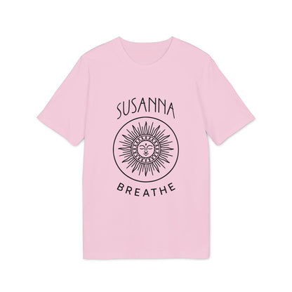 Alt Tag: Yoga Breathe Femenine Elegant Personalized Premium Unisex T-Shirt in pink with “SUSANNA” and sun face graphic, BREATHE text