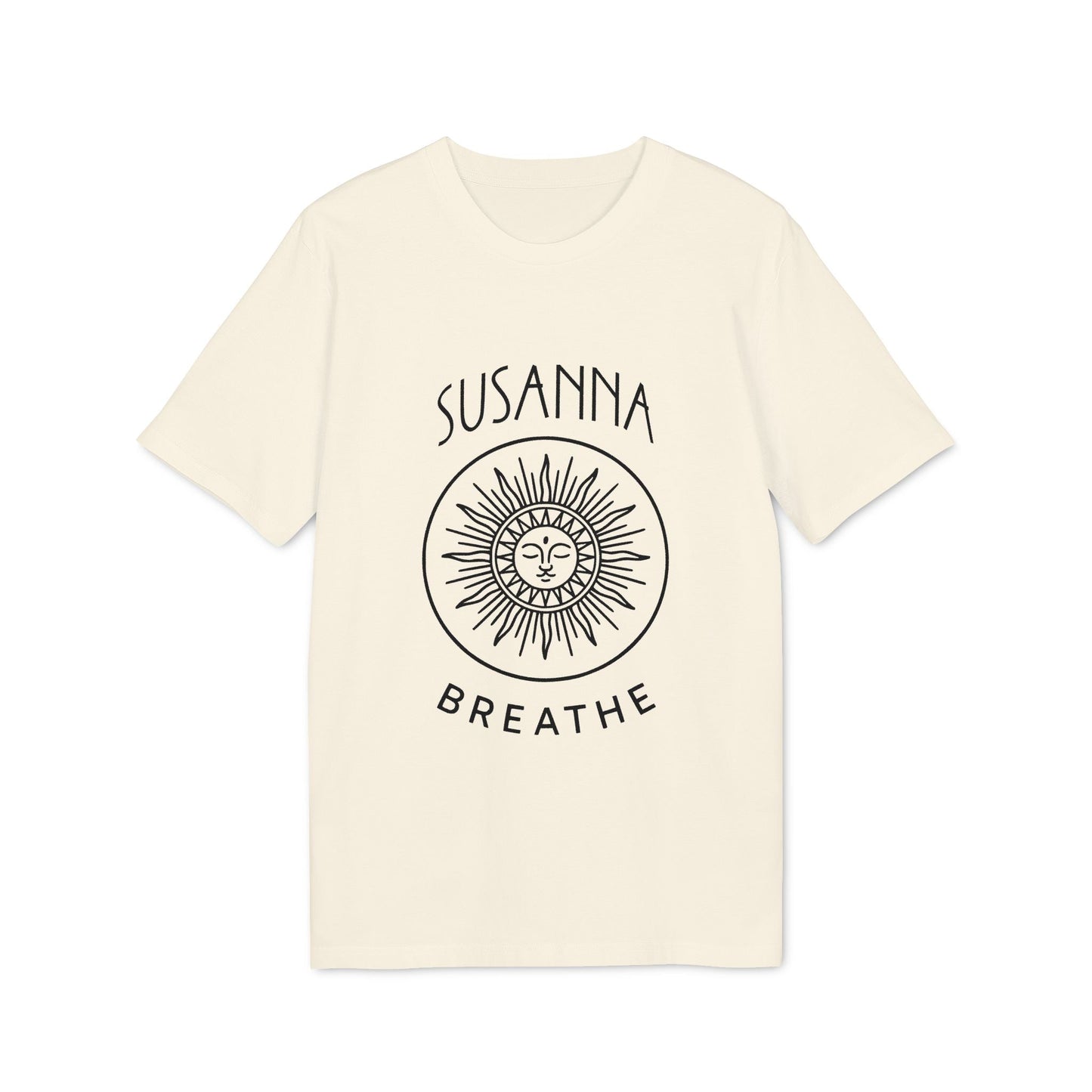 Yoga Breathe Femenine Elegant Personalized Premium Unisex T-Shirt cream tee with sun face graphic and custom name “SUSANNA”