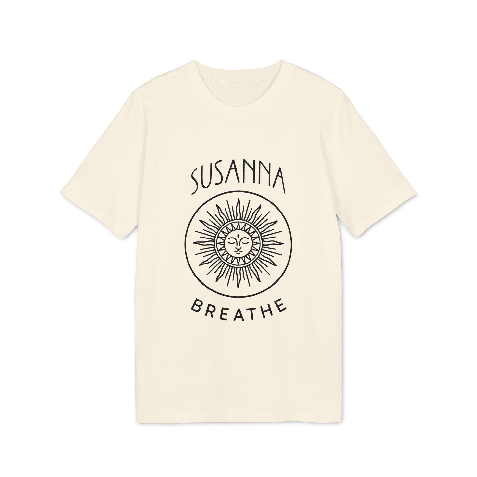 Yoga Breathe Femenine Elegant Personalized Premium Unisex T-Shirt cream tee with sun face graphic and custom name “SUSANNA”