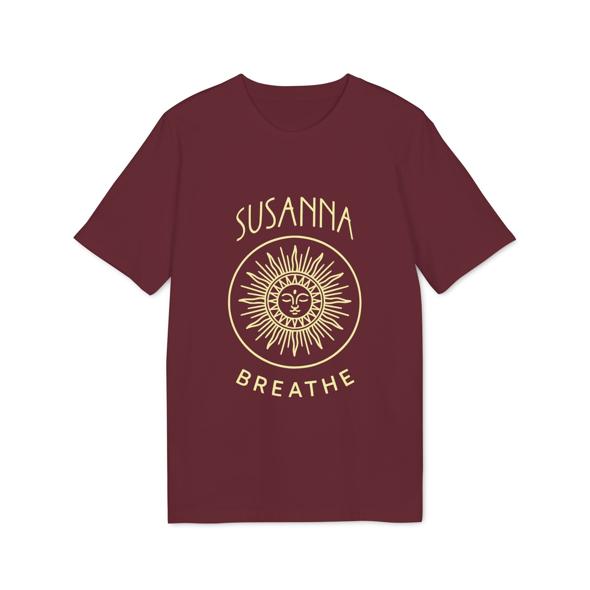 Alt Tag: Yoga Breathe Femenine Elegant Personalized Premium Unisex T-Shirt burgundy tee with sun face graphic and “SUSANNA BREATHE” print
