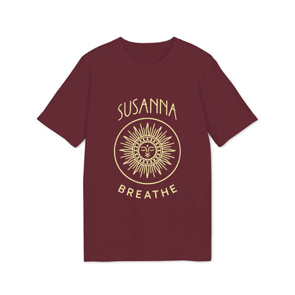 Alt Tag: Yoga Breathe Femenine Elegant Personalized Premium Unisex T-Shirt burgundy tee with sun face graphic and “SUSANNA BREATHE” print
