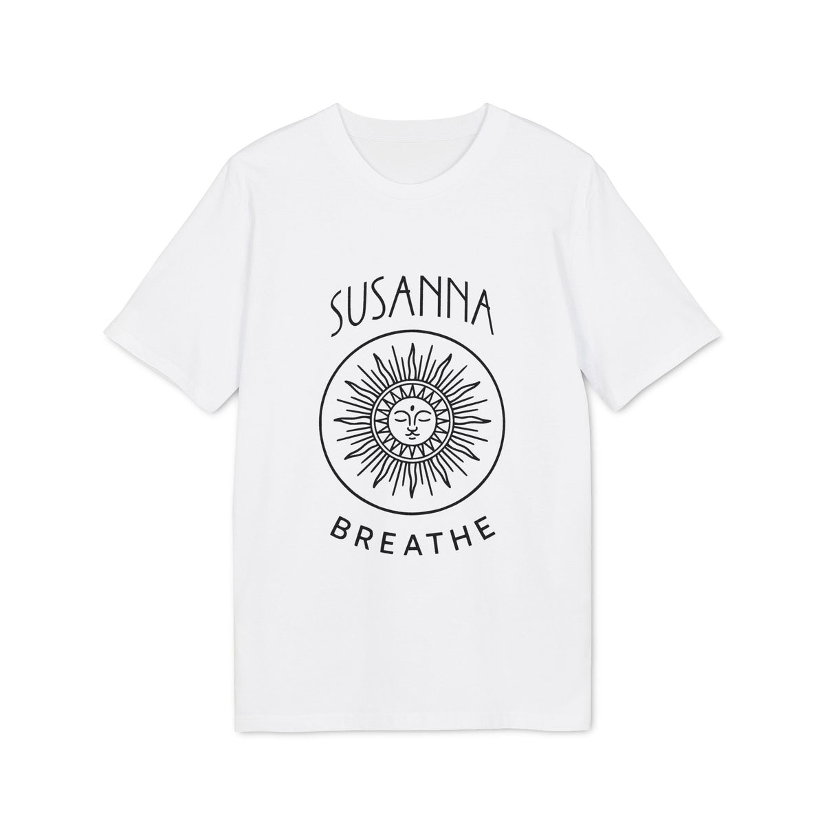 Alt Tag: Yoga Breathe Femenine Elegant Personalized Premium Unisex T-Shirt white tee with sun face graphic, “SUSANNA” and “BREATHE” text