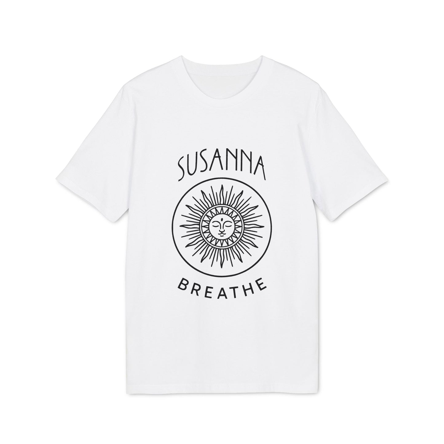 Alt Tag: Yoga Breathe Femenine Elegant Personalized Premium Unisex T-Shirt white tee with sun face graphic, “SUSANNA” and “BREATHE” text