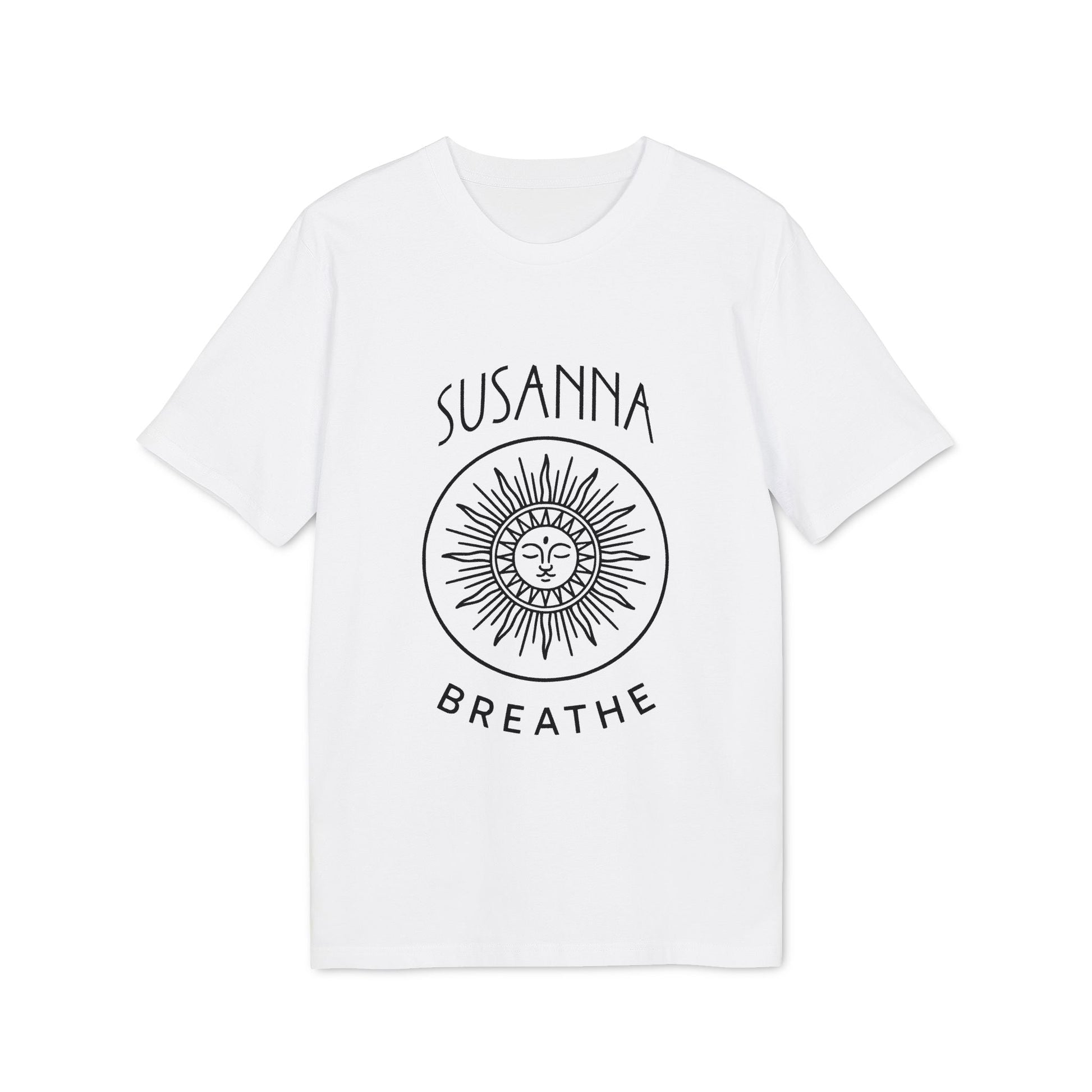 Alt Tag: Yoga Breathe Femenine Elegant Personalized Premium Unisex T-Shirt white tee with sun face graphic, “SUSANNA” and “BREATHE” text