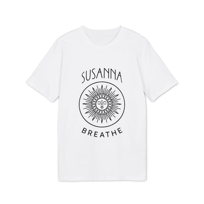 Alt Tag: Yoga Breathe Femenine Elegant Personalized Premium Unisex T-Shirt white tee with sun face graphic, “SUSANNA” and “BREATHE” text