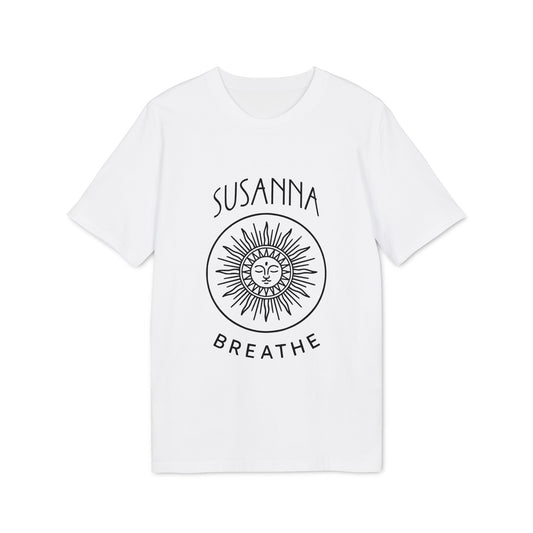 Alt Tag: Yoga Breathe Femenine Elegant Personalized Premium Unisex T-Shirt white tee with sun face graphic, “SUSANNA” and “BREATHE” text