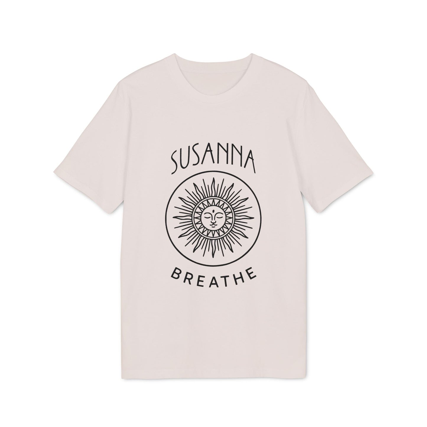 Yoga Breathe Femenine Elegant Personalized Premium Unisex T-Shirt beige with sun line art and custom name Susanna Breathe text