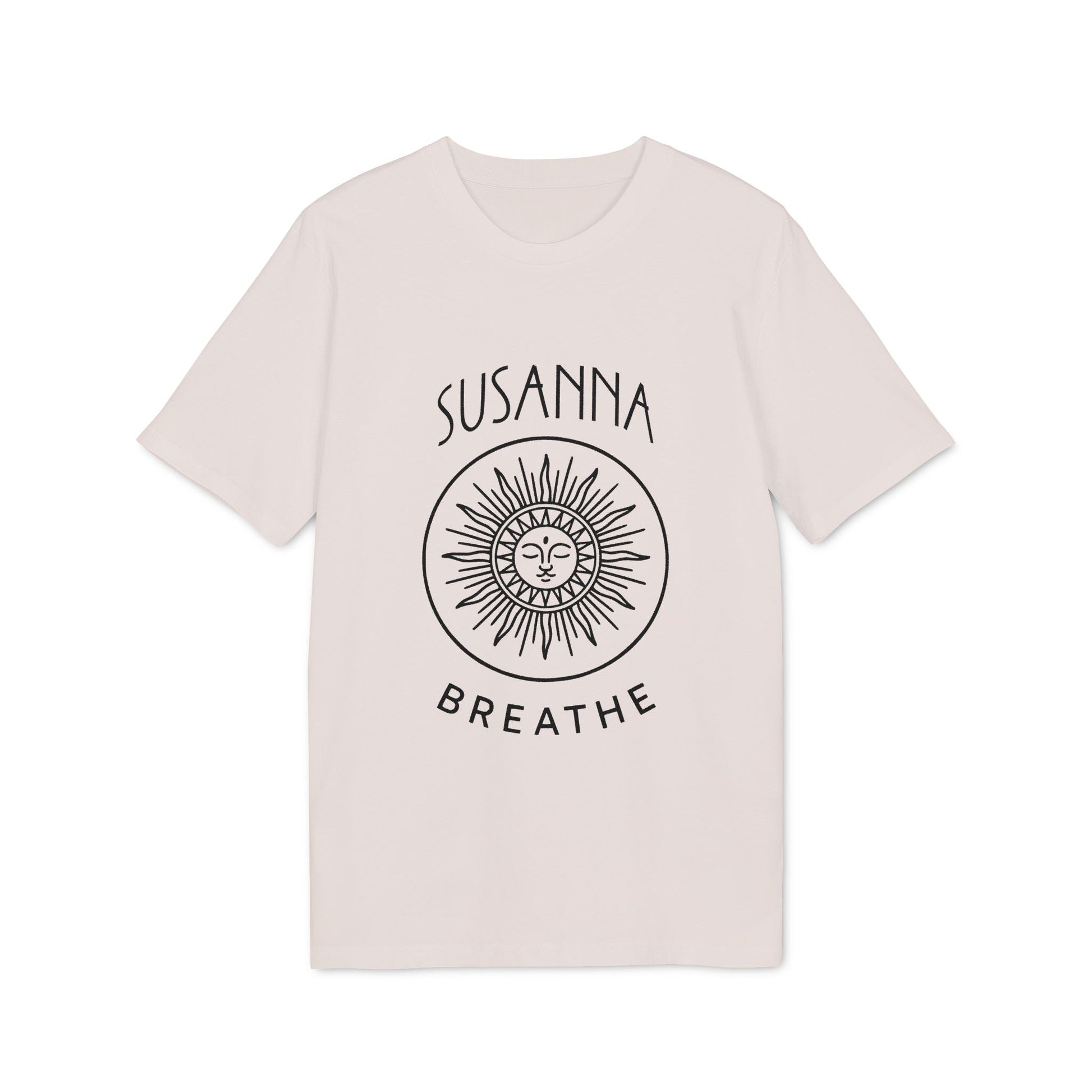 Yoga Breathe Femenine Elegant Personalized Premium Unisex T-Shirt beige with sun line art and custom name Susanna Breathe text