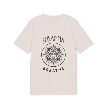 Yoga Breathe Femenine Elegant Personalized Premium Unisex T-Shirt beige with sun line art and custom name Susanna Breathe text