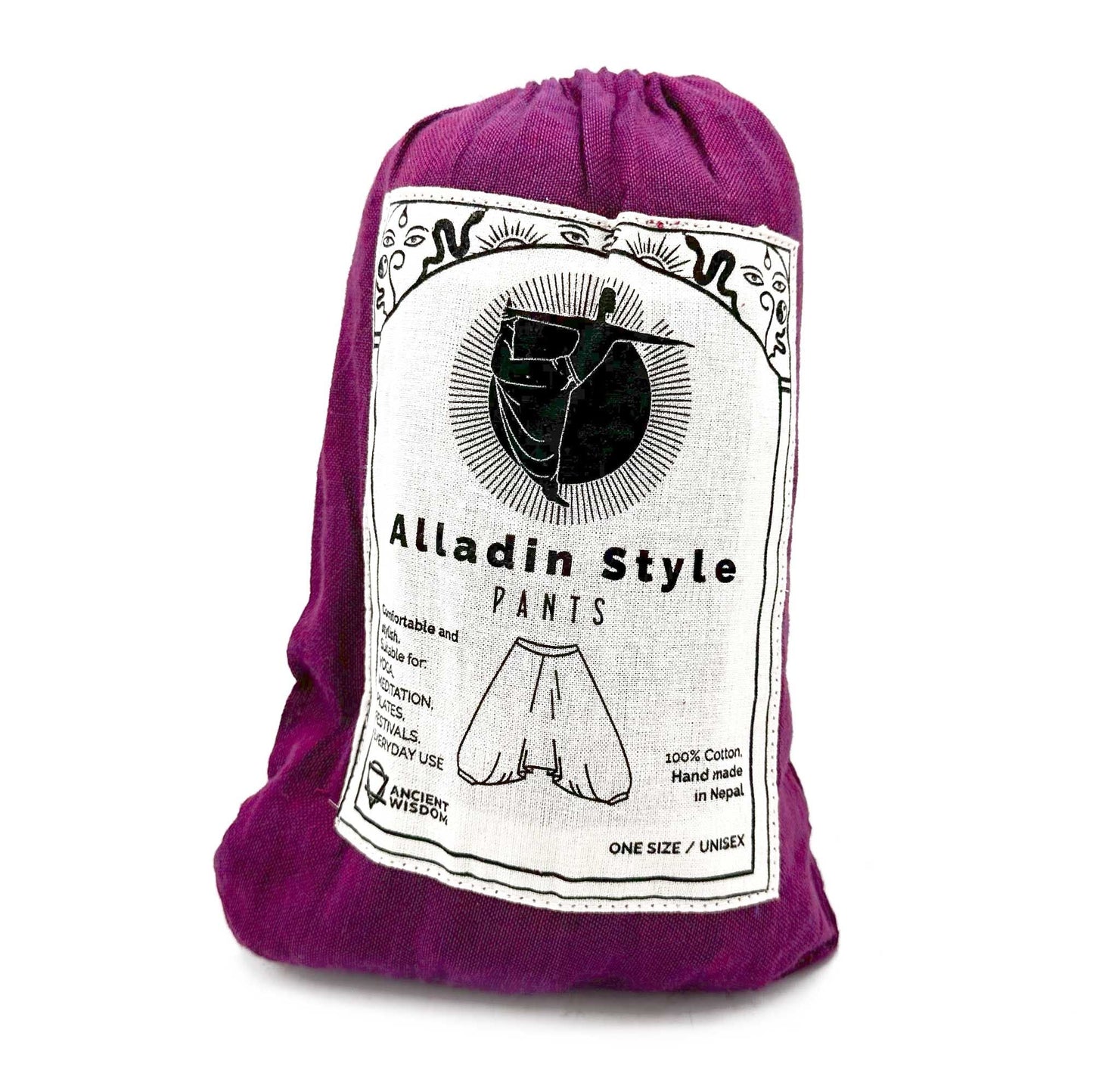 Yoga- och festivalbyxor – Aladdin Himalayan Print på lila 100% bomull byxor i Aladdin-stil i lila dragskopåse
