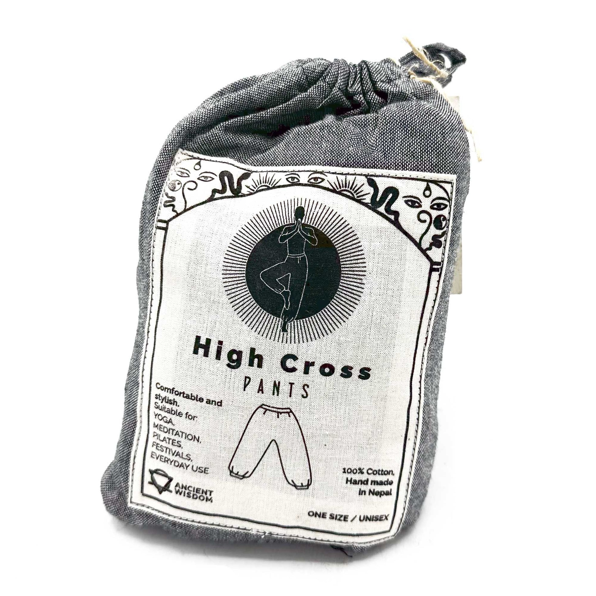 Alt Tag: Yoga- och festivalbyxor – High Cross Himalayan Print på en grå grå dragskopåse med etiketten High Cross Pants