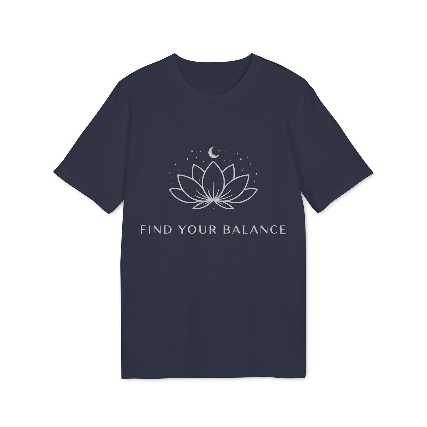 Yoga T-shirt Find Your Balance 100% Organic Cotton navy unisex tee with lotus and moon graphic, “Find Your Balance” text