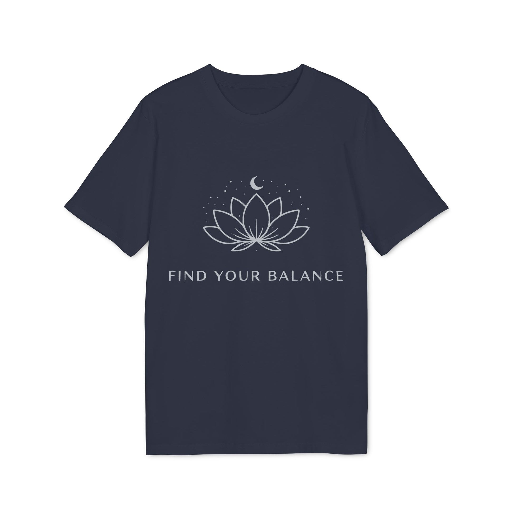 Yoga T-shirt Find Your Balance 100% Organic Cotton navy unisex tee with lotus and moon graphic, “Find Your Balance” text