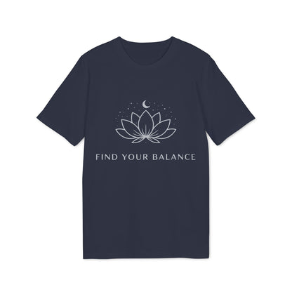 Yoga T-shirt Find Your Balance 100% Organic Cotton navy unisex tee with lotus and moon graphic, “Find Your Balance” text