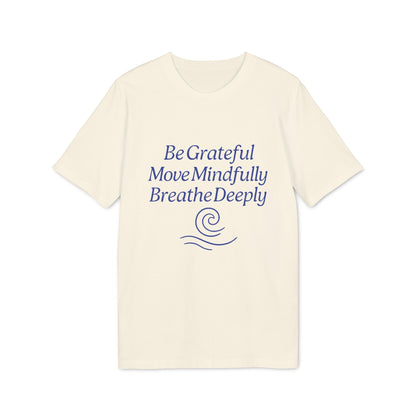Yoga 100% Organic Cotton T-Shirt cream tee with blue BeGrateful MoveMindfully BreatheDeeply text and wave graphic