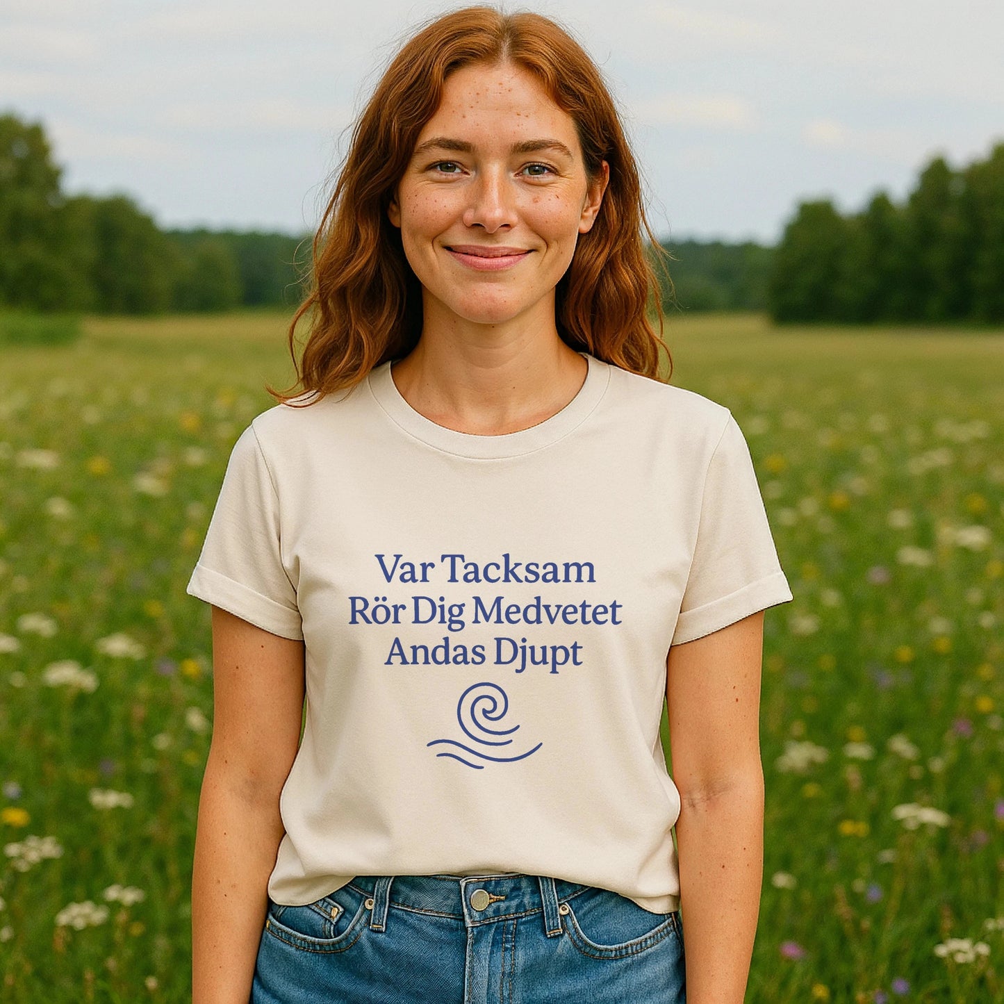 Yoga 100% Organic Cotton T-Shirt on model wearing cream tee with blue yoga text graphic, front view outdoors