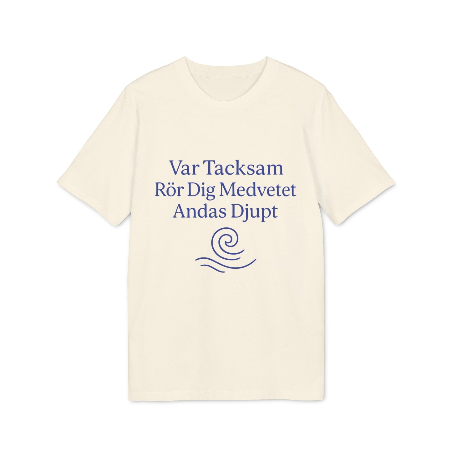 Yoga 100% Organic Cotton T-Shirt cream tee with blue yoga quote graphic and swirl icon, short-sleeve crewneck