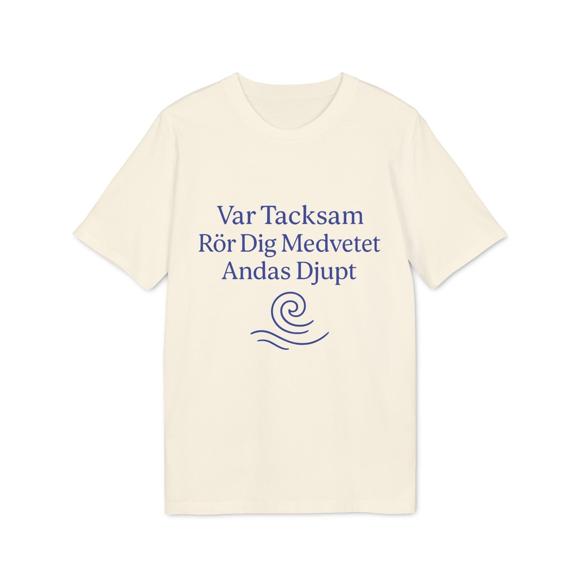 Yoga 100% Organic Cotton T-Shirt cream tee with blue yoga quote graphic and swirl icon, short-sleeve crewneck