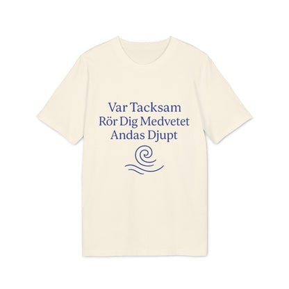 Yoga 100% Organic Cotton T-Shirt cream tee with blue yoga quote graphic and swirl icon, short-sleeve crewneck