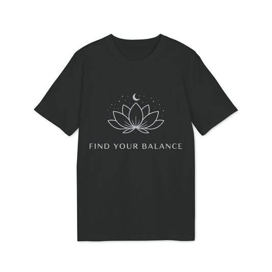 Alt Tag: Yoga T-shirt Find Your Balance 100% Organic Cotton, camiseta unisex negra con flor de loto y luna, texto “Find Your Balance”