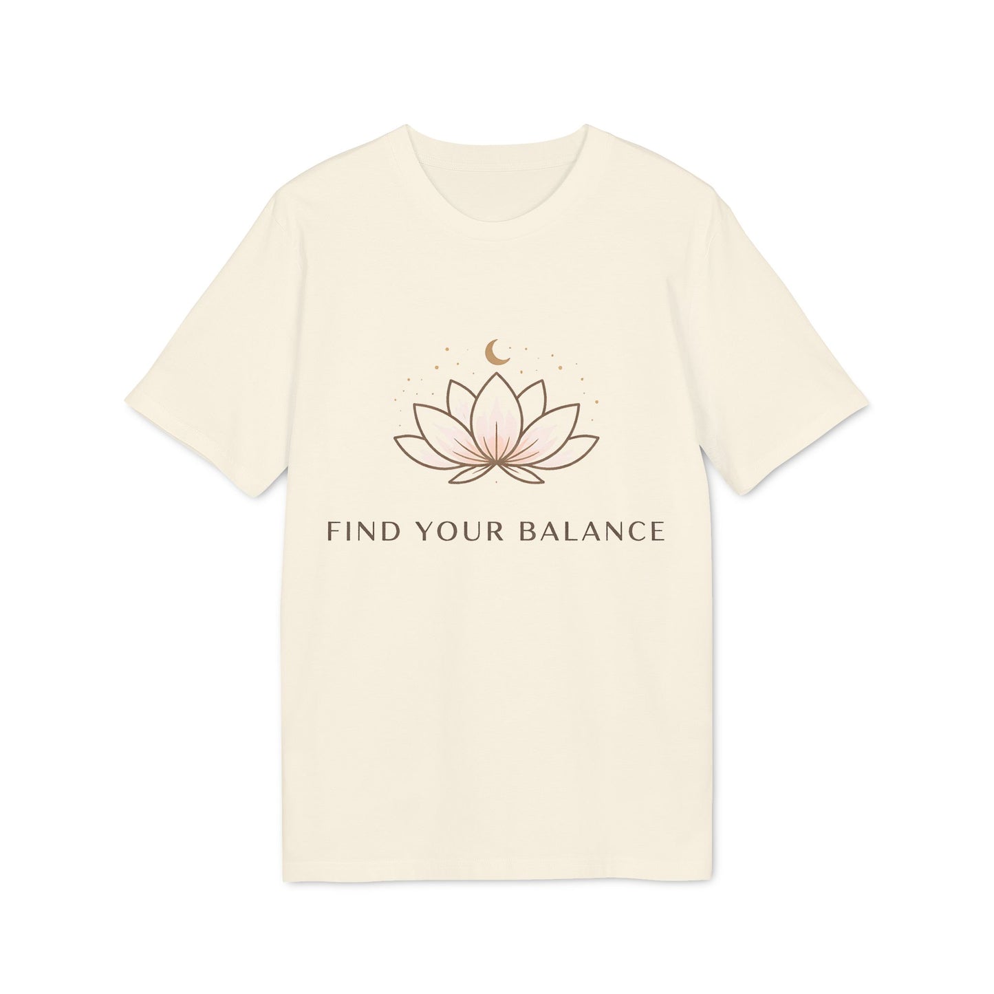 Yoga T-shirt Find Your Balance 100% Organic Cotton unisex camiseta orgánica color crema con diseño de flor de loto y texto Find Your Balance