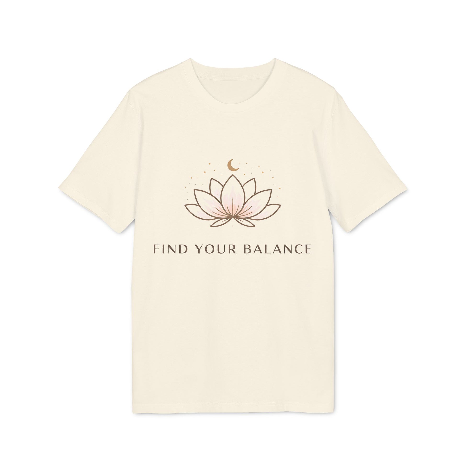 Yoga T-shirt Find Your Balance 100% Organic Cotton unisex camiseta orgánica color crema con diseño de flor de loto y texto Find Your Balance