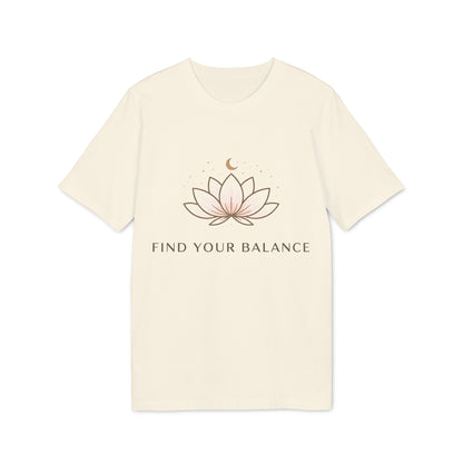 Yoga T-shirt Find Your Balance 100% Organic Cotton unisex camiseta orgánica color crema con diseño de flor de loto y texto Find Your Balance