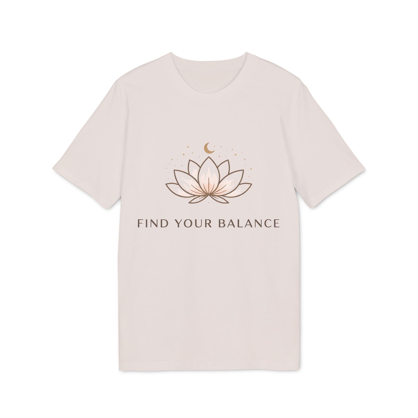 Yoga T-shirt Find Your Balance 100% Organic Cotton unisex camiseta blanca con diseño de loto y texto Find Your Balance