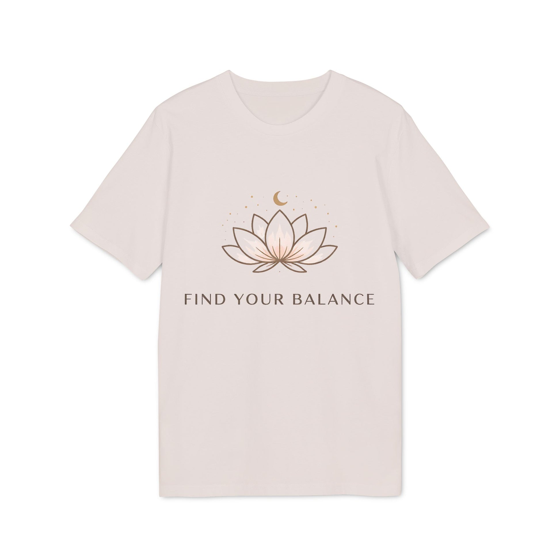 Yoga T-shirt Find Your Balance 100% Organic Cotton unisex camiseta blanca con diseño de loto y texto Find Your Balance