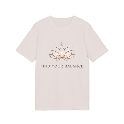 Yoga T-shirt Find Your Balance 100% Organic Cotton unisex camiseta blanca con diseño de loto y texto Find Your Balance
