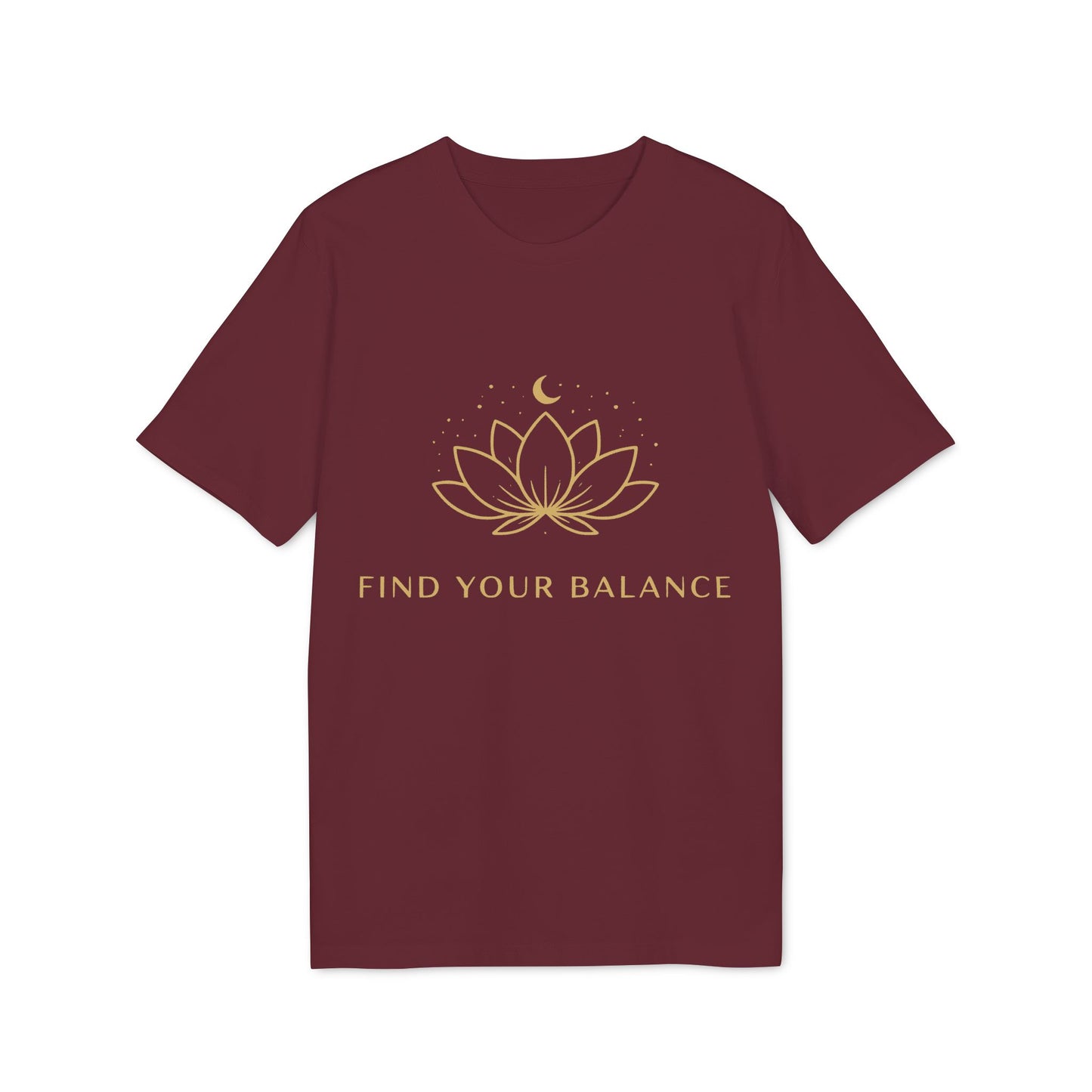 Yoga T-shirt Find Your Balance 100% Organic Cotton, unisex camiseta granate con flor de loto y luna en dorado, “FIND YOUR BALANCE”