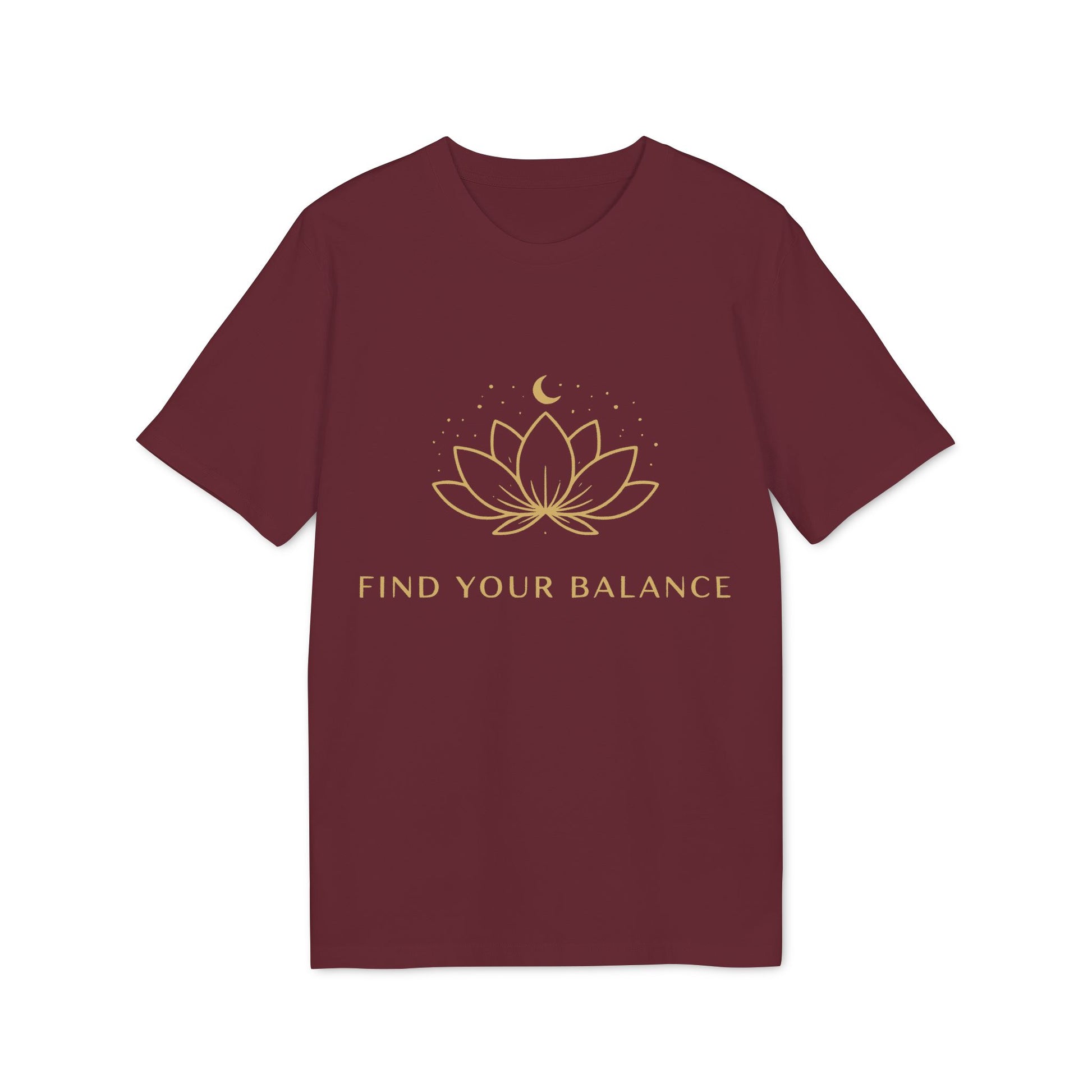 Yoga T-shirt Find Your Balance 100% Organic Cotton, unisex camiseta granate con flor de loto y luna en dorado, “FIND YOUR BALANCE”