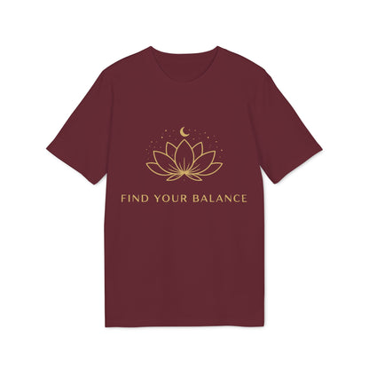 Yoga T-shirt Find Your Balance 100% Organic Cotton, unisex camiseta granate con flor de loto y luna en dorado, “FIND YOUR BALANCE”